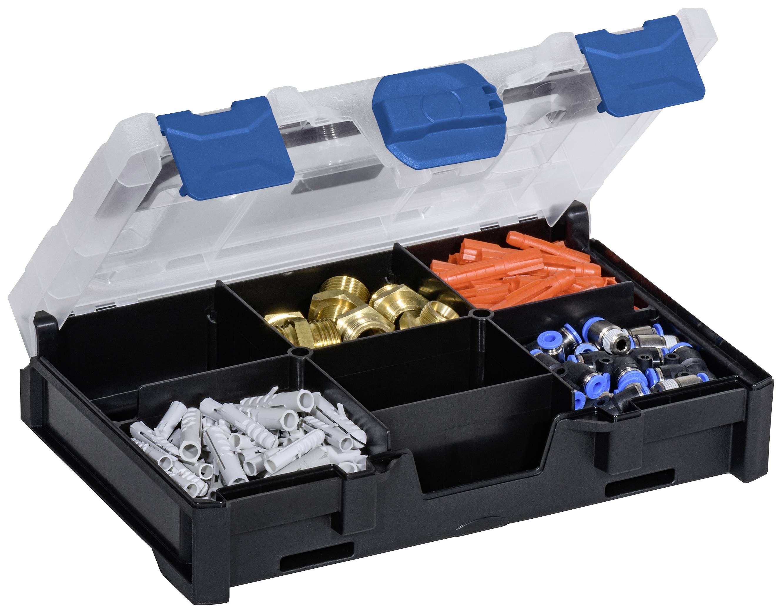 Open storage box with compartments, filled with various plugs, screws and metal parts.