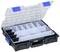 A clear, transparent plastic organiser with a blue closing flap, filled with multiple square compartments for storage.