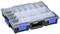 A transparent plastic case with blue handles and numerous compartments for storing small items.