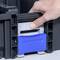 A hand pulls out a blue drawer from a black plastic casing.