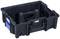 Black plastic toolbox with a blue compartment on the side. Carrying handle in the centre. Suitable for storing tools.
