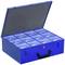 Blue suitcase with open lid reveals twelve individual compartments with transparent covers, suitable for storage or display.