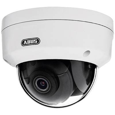 A white Abus security camera. It is dome-shaped and has a dark lens.