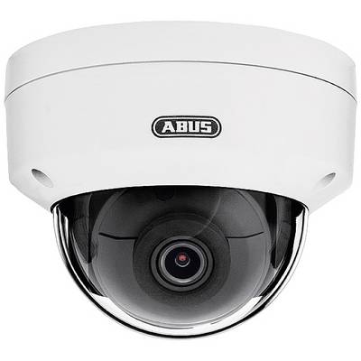 A white ABUS surveillance camera in close-up, mounted on the ceiling.