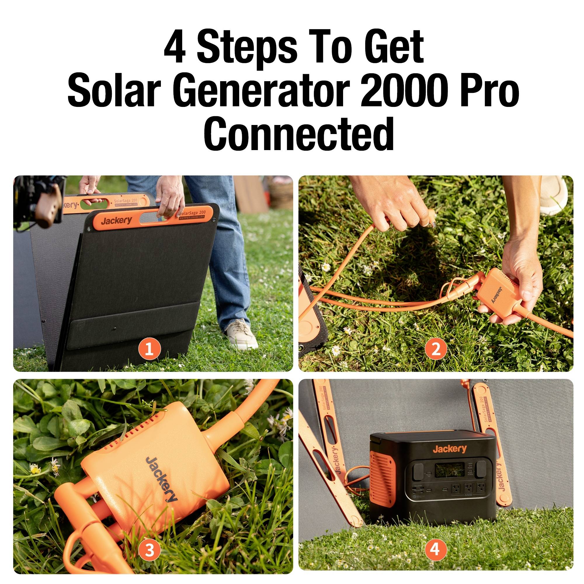 Four images show steps for connecting a 'Jackery Solar Generator 2000 Pro': Setting up, Connecting, Linking cables, Device ready for use.