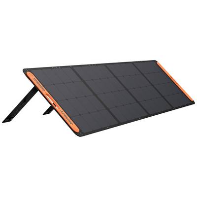 Black solar panel with orange accents stands at an angle on folding supports. Suitable for mobile power generation.