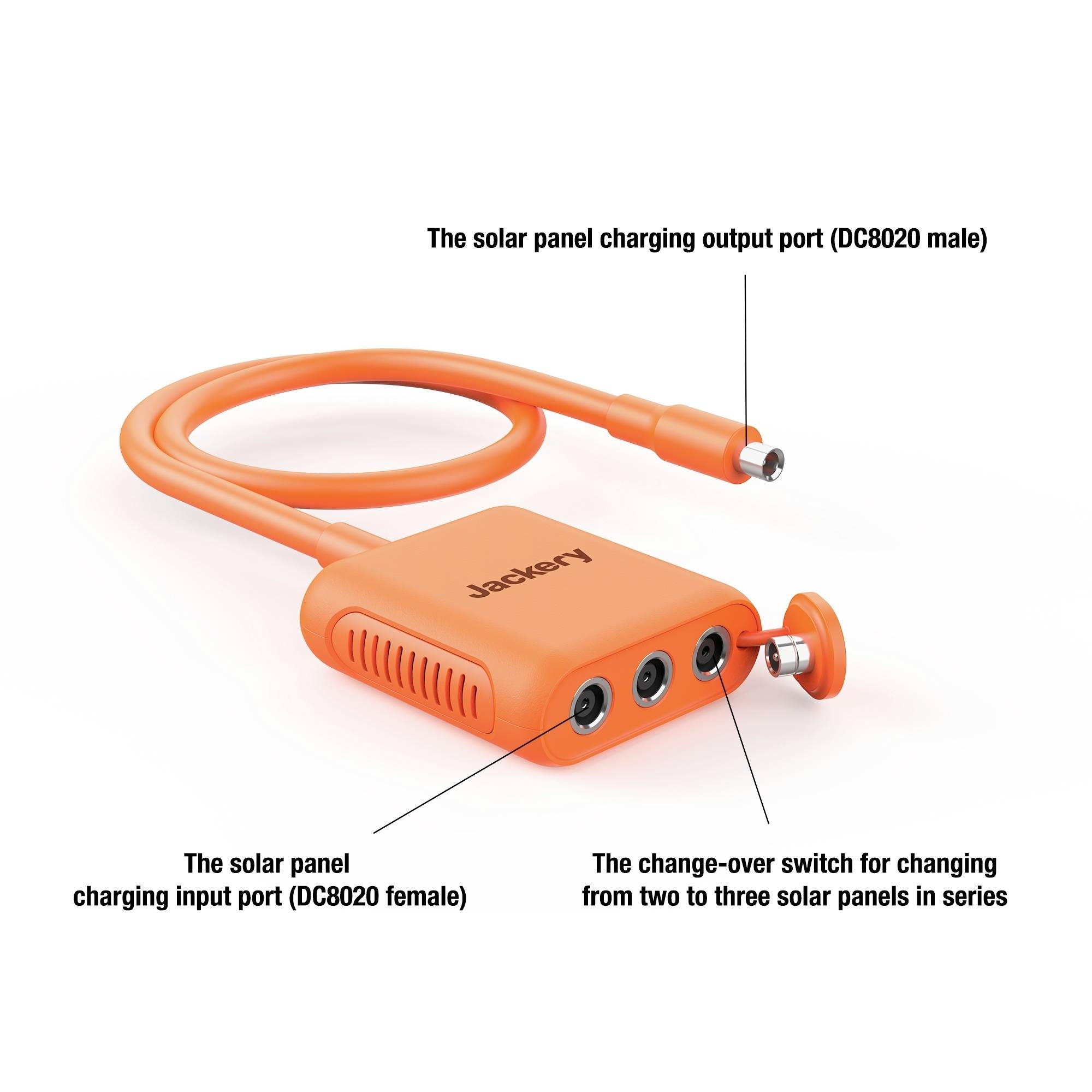 'Orange adapter cable with two input and one output port for solar panels, switchable button to adapt from two to three panels.'