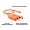 'Orange adapter cable with two input and one output port for solar panels, switchable button to adapt from two to three panels.'