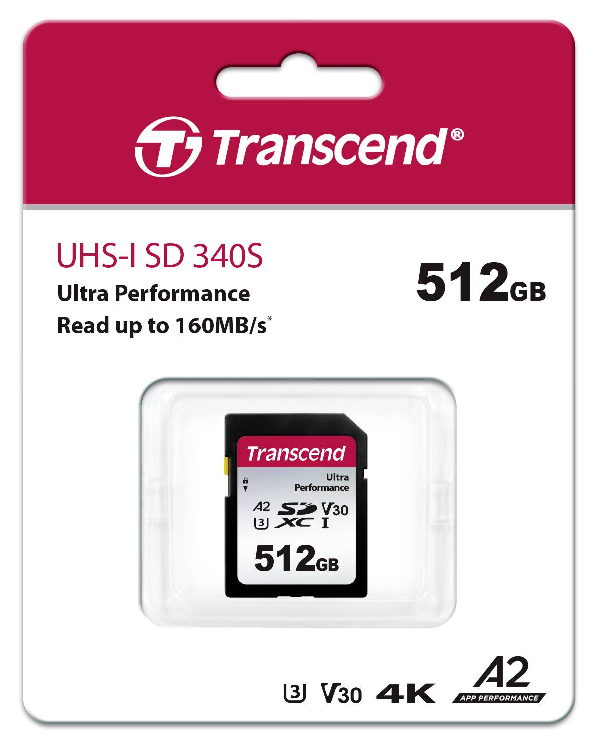 A Transcend UHS-I SD 340S memory card with 512 GB offers up to 160 MB/s speed, suitable for 4K and A2 performance.