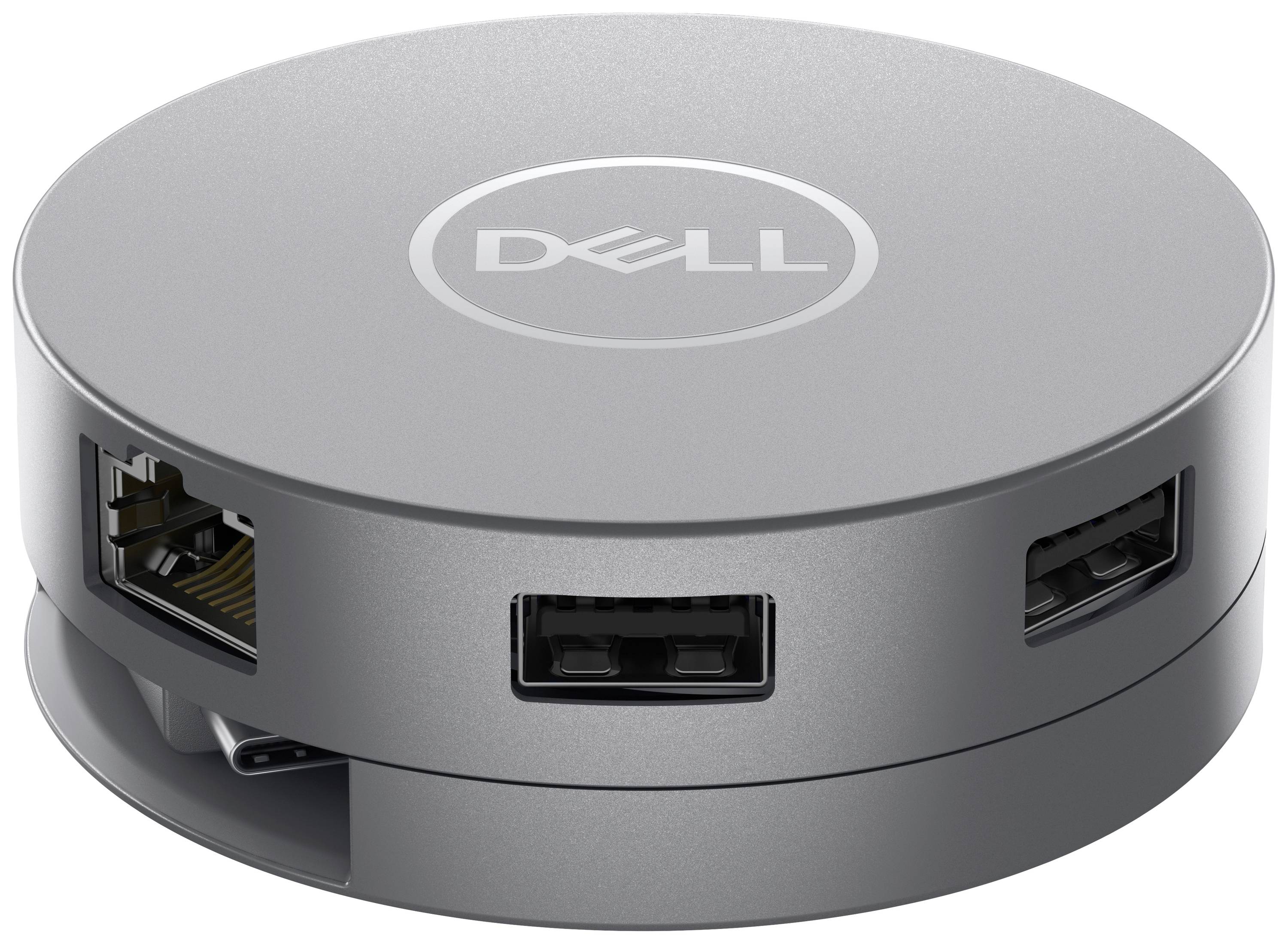 Round, silver Dell docking station with multiple connection options: USB, network and HDMI. Ideal for expanding laptop ports.
