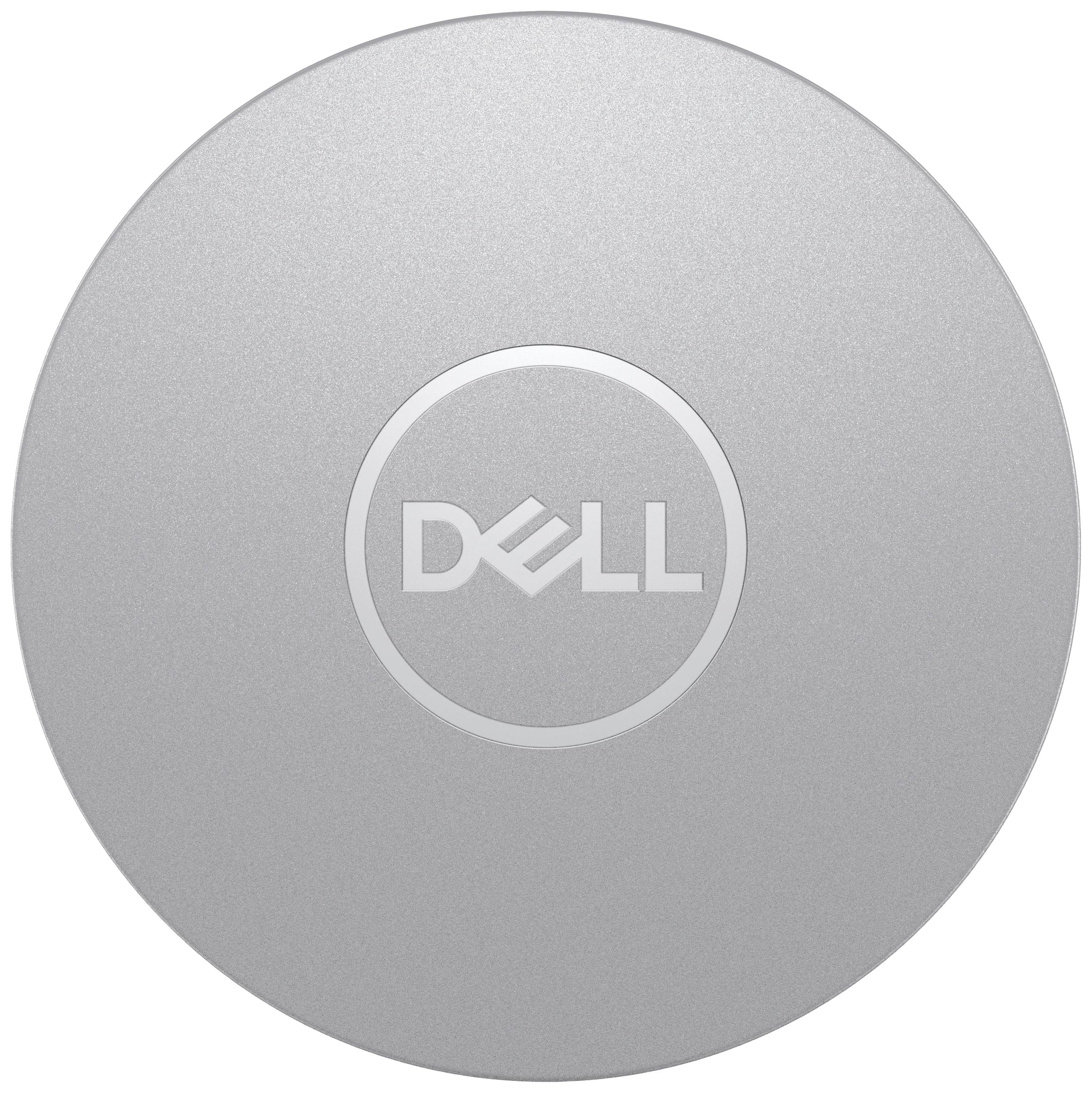 Round silver Dell logo on a grey background.