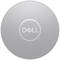 Round silver Dell logo on a grey background.