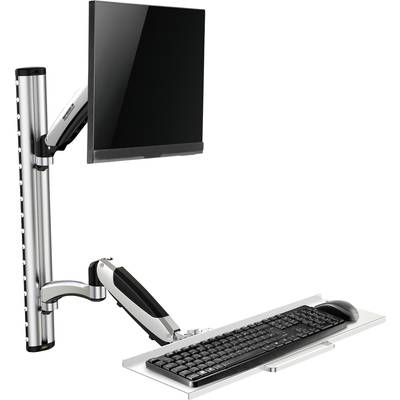 A screen and keyboard are mounted on an adjustable wall-mounting system that enables ergonomic working positions.