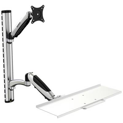 Monitor mount with adjustable silver metal arm structure for wall mounting. Integrated shelf surface beneath the arm.