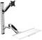 Monitor mount with adjustable silver metal arm structure for wall mounting. Integrated shelf surface beneath the arm.
