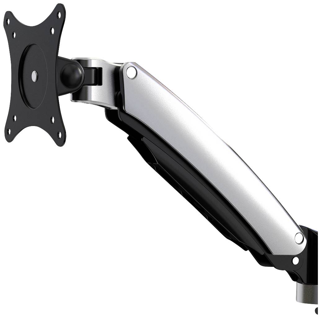 A silver, adjustable metal monitor arm, mountable on the desk edge, with a black mounting plate.