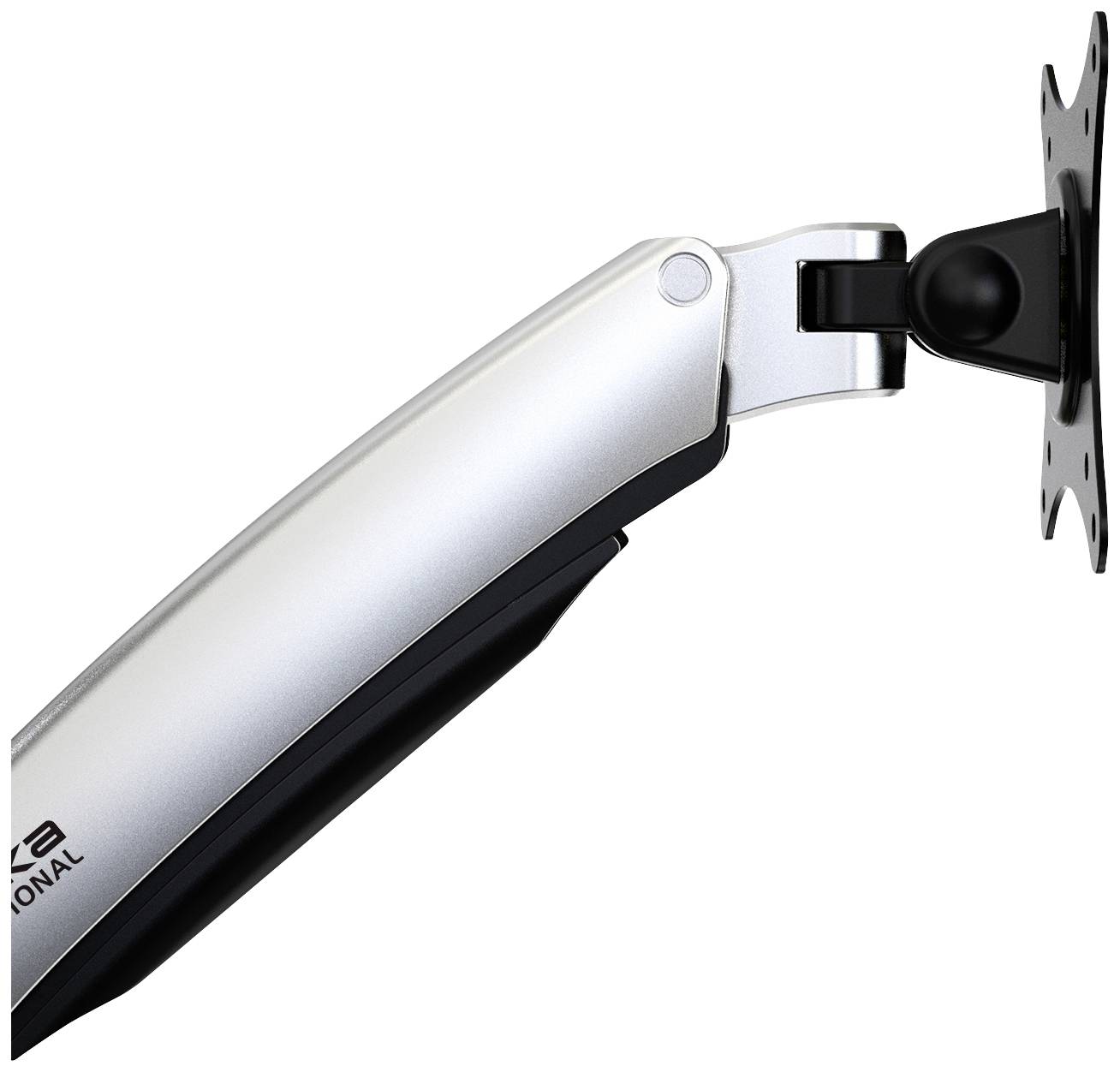 An adjustable monitor arm in metallic silver, showing the articulated joint for mounting on a wall bracket.