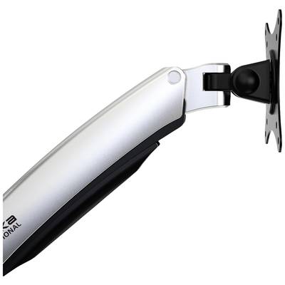 An adjustable monitor arm in metallic silver, showing the articulated joint for mounting on a wall bracket.