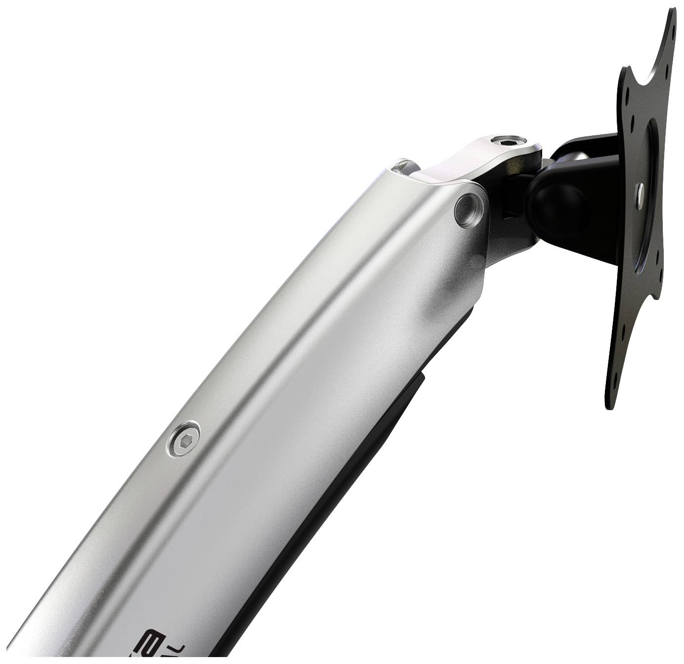 Monitor arm in metallic design, adjustable with mounting plate for screens. Ideal for ergonomic workplace configuration.