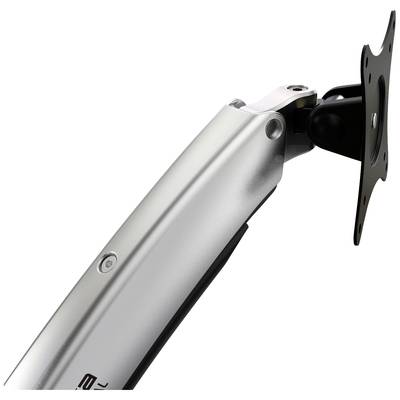Monitor arm in metallic design, adjustable with mounting plate for screens. Ideal for ergonomic workplace configuration.