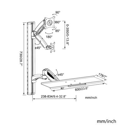 Monitor mount diagram showing dimensions: 730mm/28.7" height, 0-350mm/0-13.8" arm extension, 600mm/23.6" tray width; adjustable tilt and rotation.