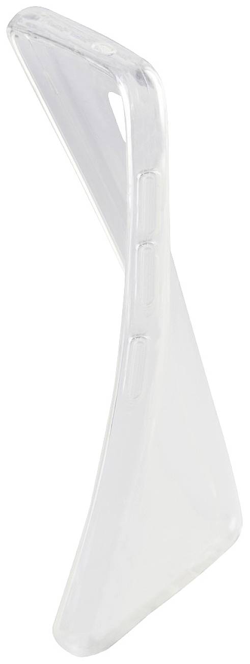A transparent plastic smartphone stand, slightly curved, provides support for the device in an upright position.