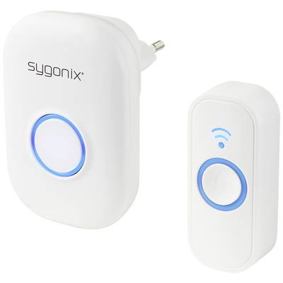 A wireless doorbell transmitter and receiver by sygonix with blue illuminated buttons. Receiver for plug socket, transmitter battery-powered.