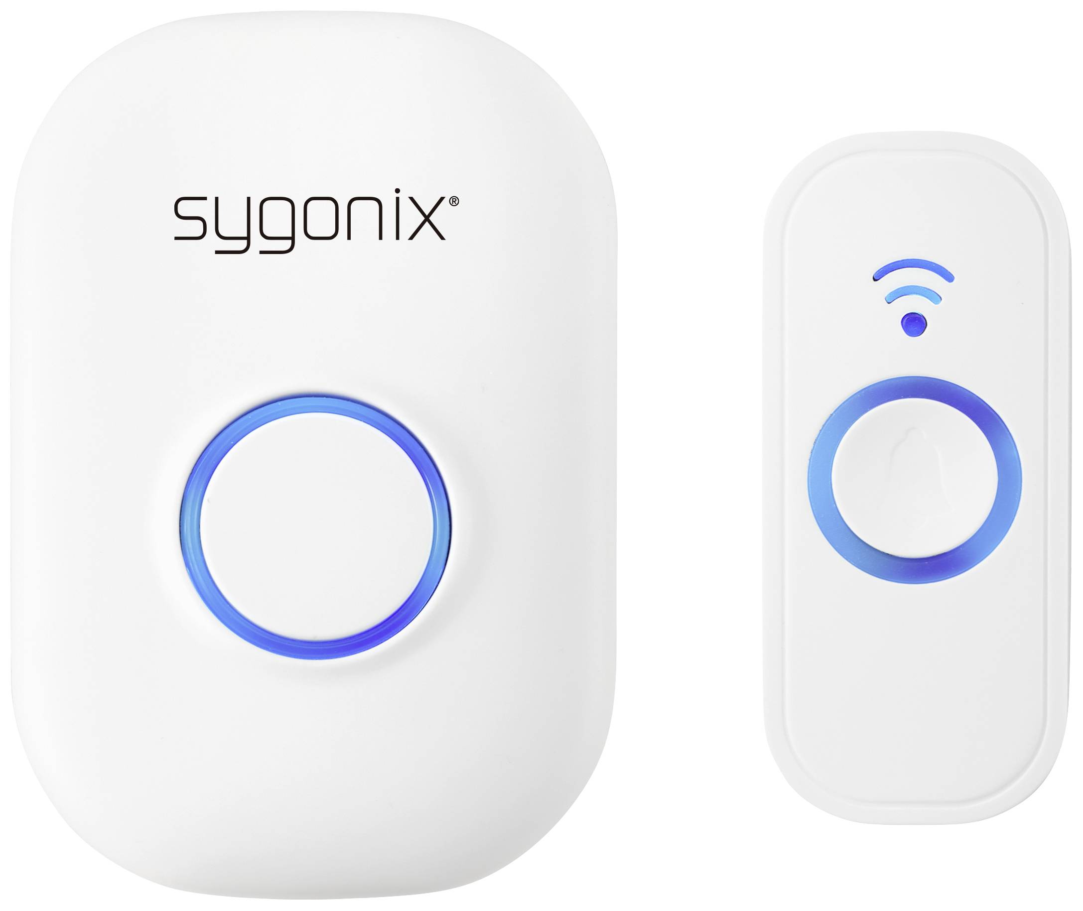 Wireless doorbell with two white devices. Left: main unit with blue-illuminated button, right: transmitter with blue WiFi symbol.