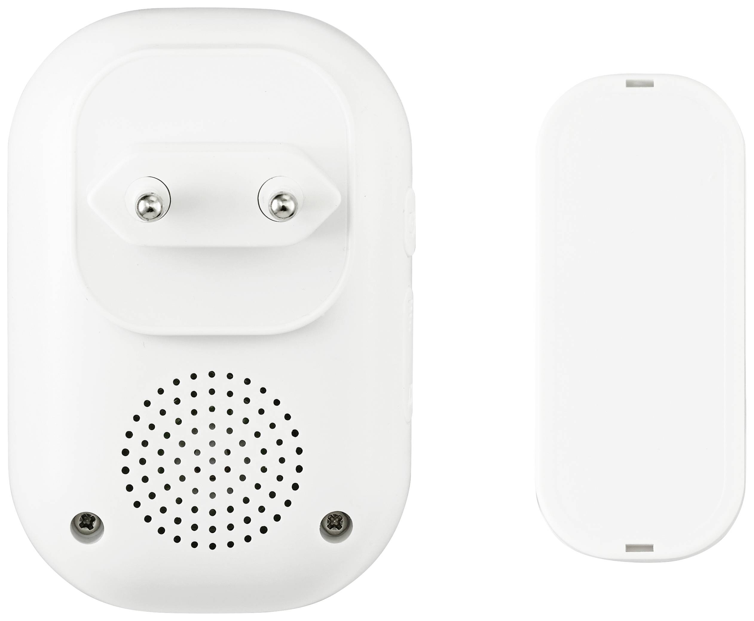 A plug socket adapter with speaker, white, in close-up. On the left, the front side with two plug contacts and speaker, on the right a white cover.