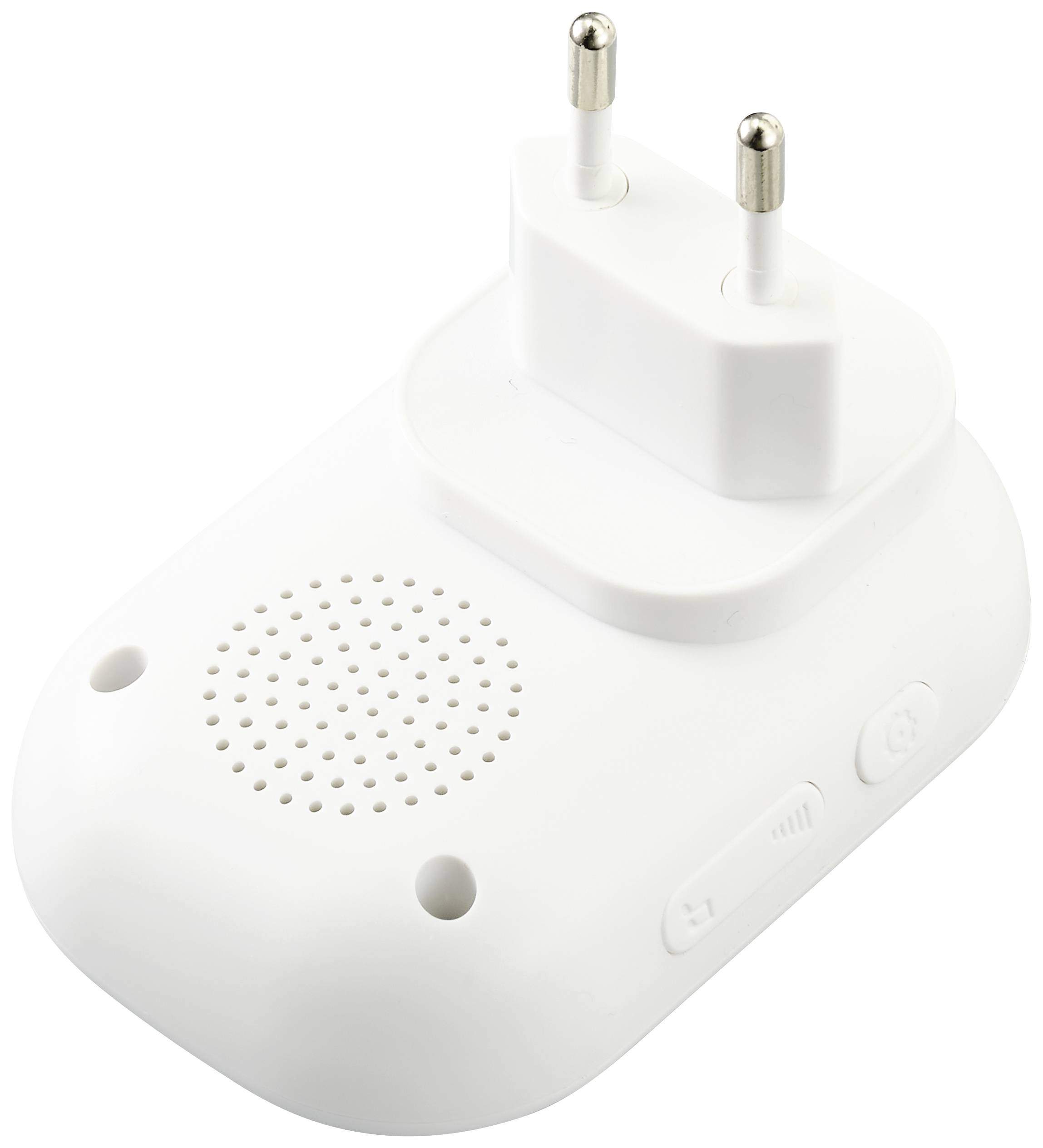 A white, rectangular socket buzzer with two round pins for plugging in. Control buttons are located on the side.