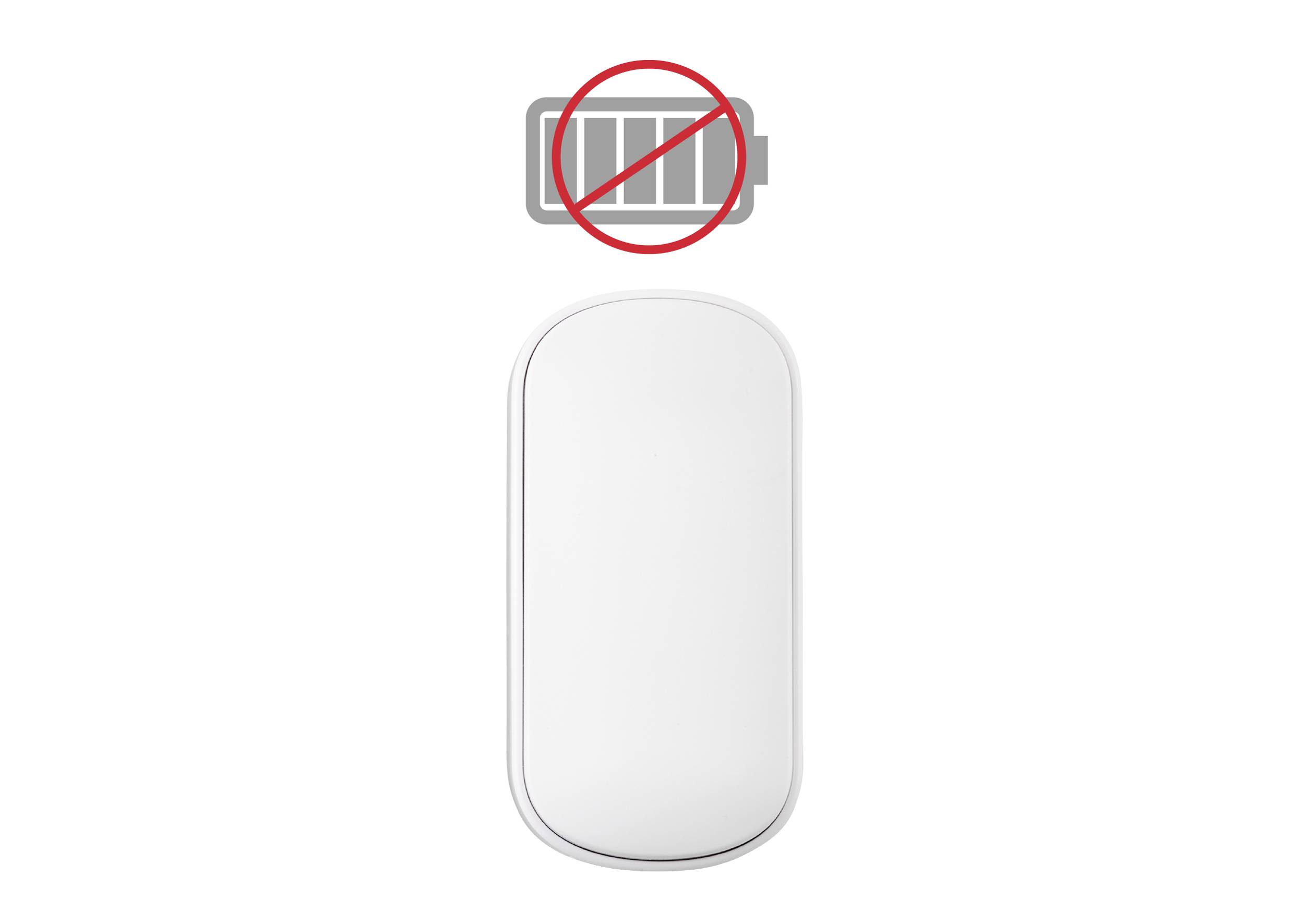 A white wireless mouse beneath a grey battery symbol with a red cross. Meaning: Battery is flat.