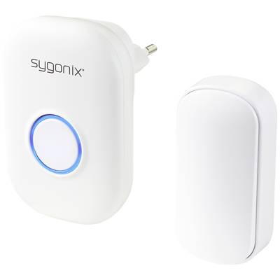 Wireless Doorbell Set: Bell mechanism on the left with round button, blue illuminated; sensor housing on the right. Brand: Sygonix.