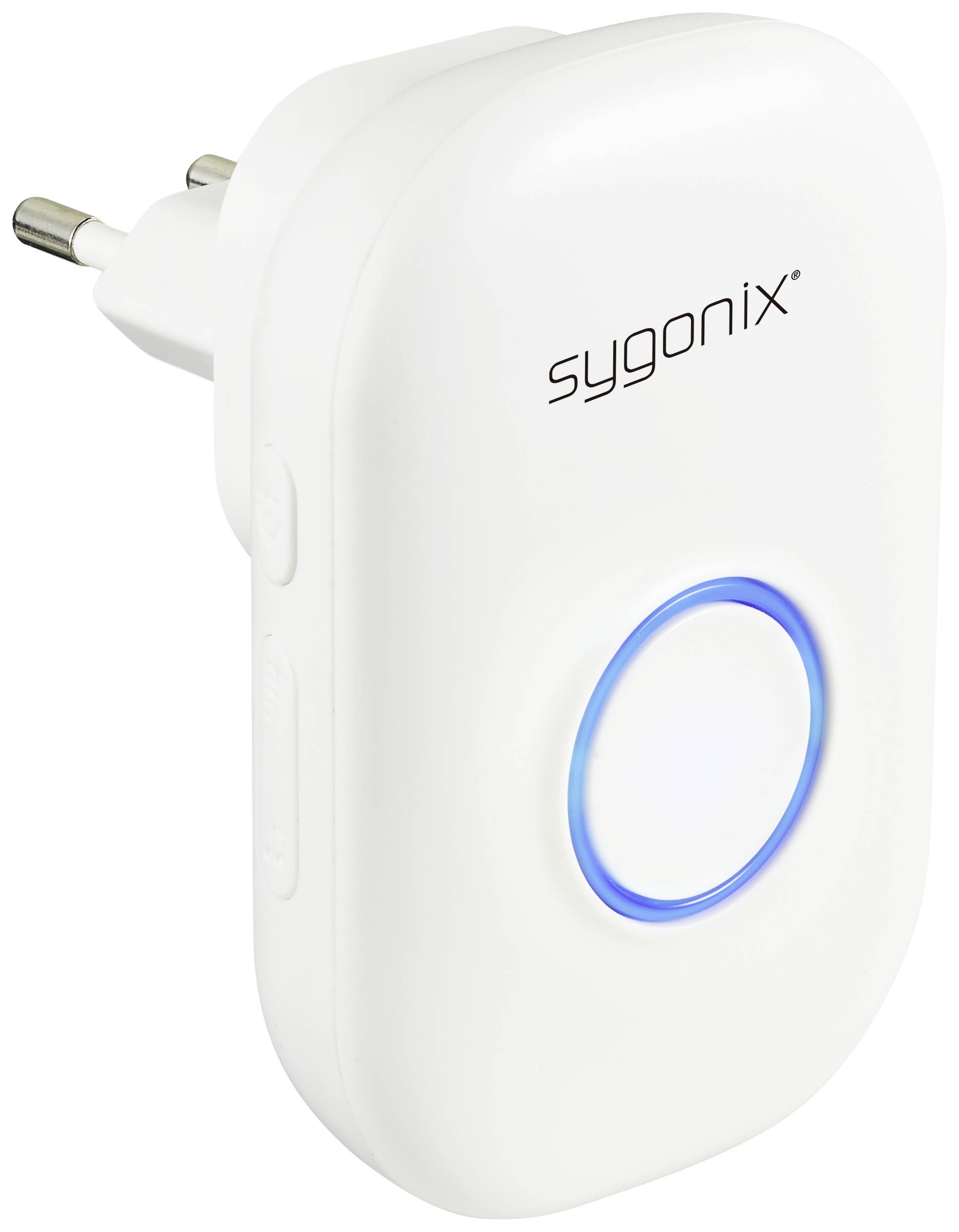 A white wireless doorbell receiver with a blue-illuminated button and the inscription 'sygonix'. The receiver is plugged directly into a power socket.