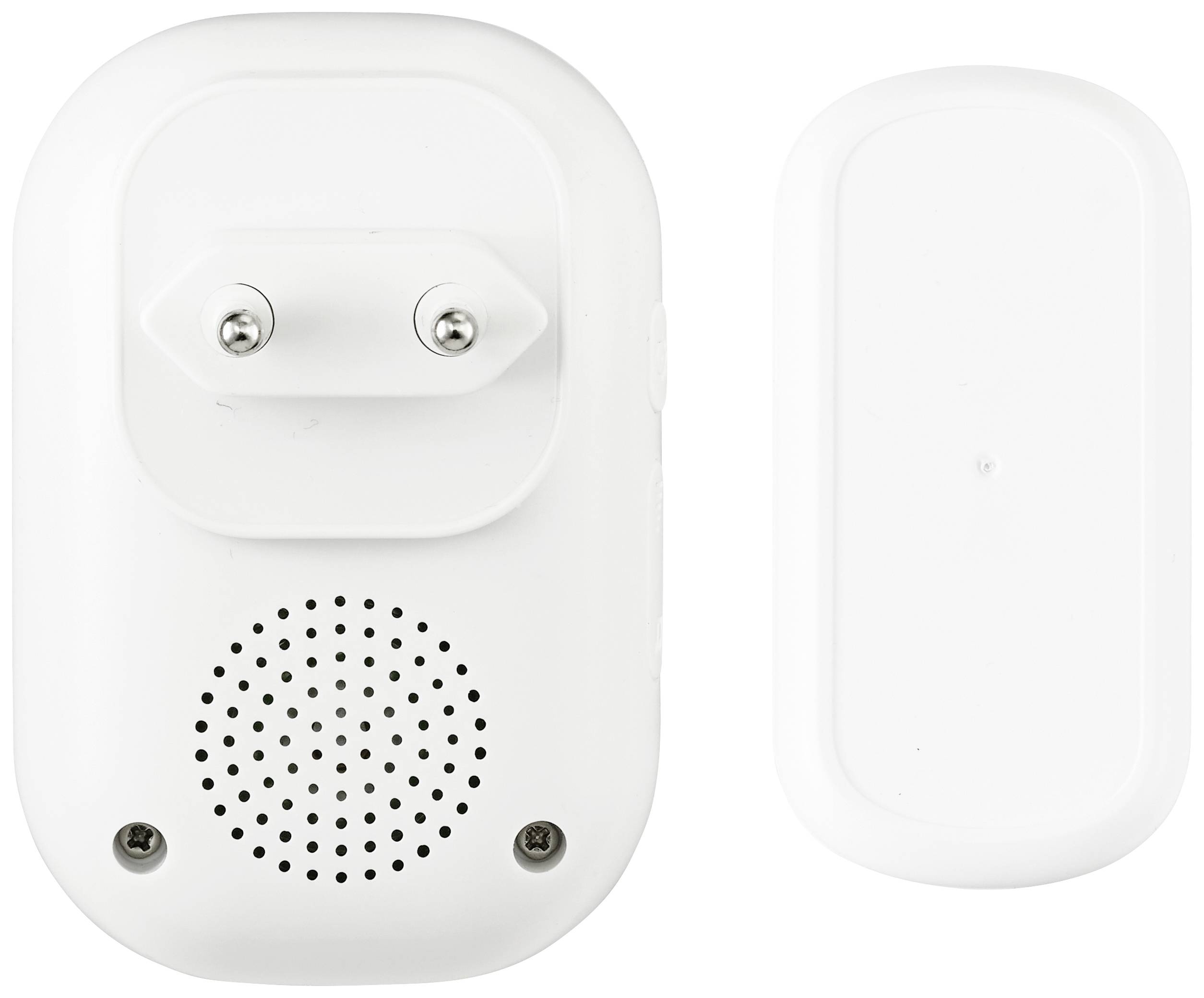 Two white electronic devices, one with a plug and speaker opening, the other elongated without visible details.