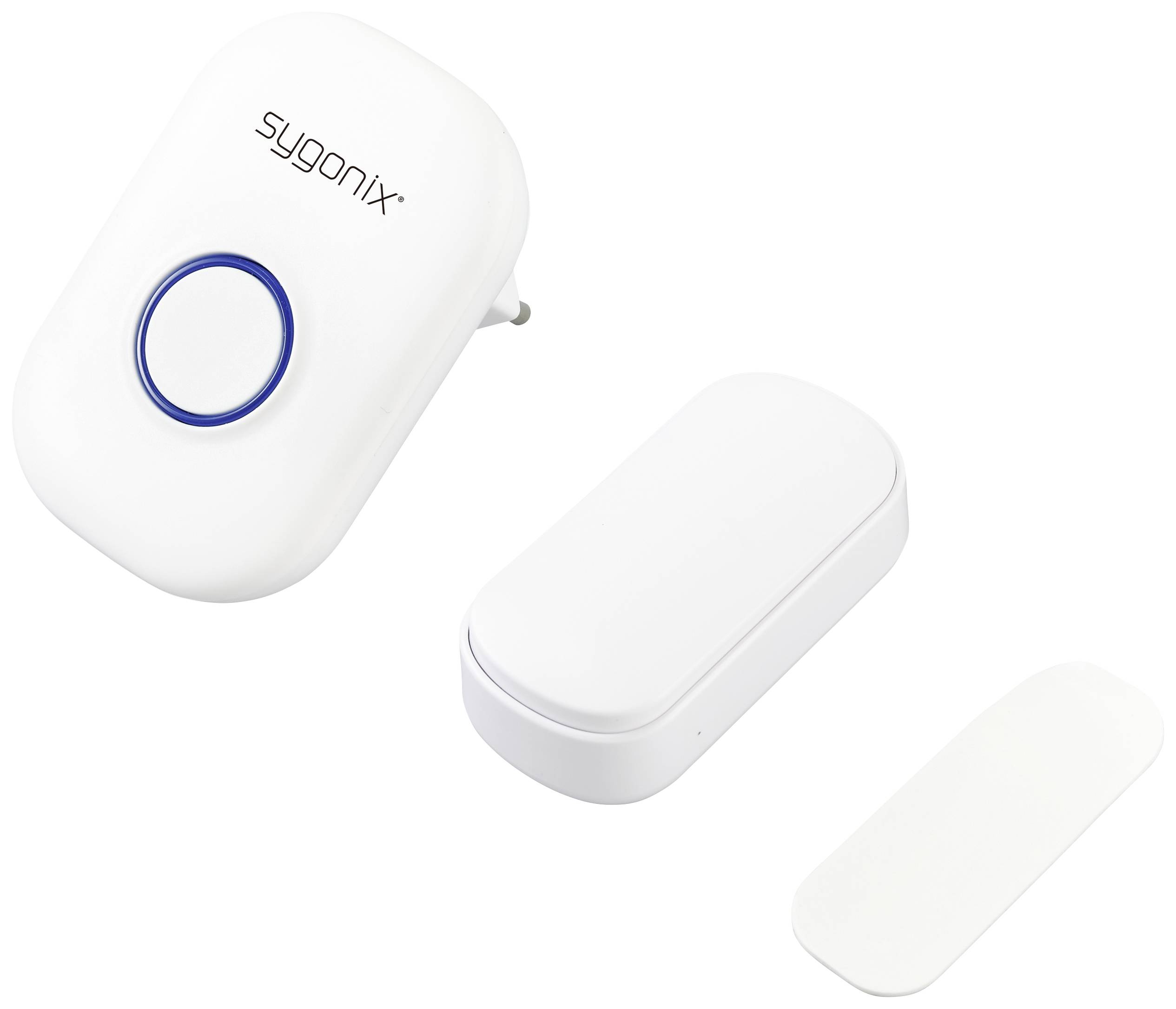 Cordless doorbell set with receiver and transmitter, white casing. Receiver with blue button, suitable for home use.