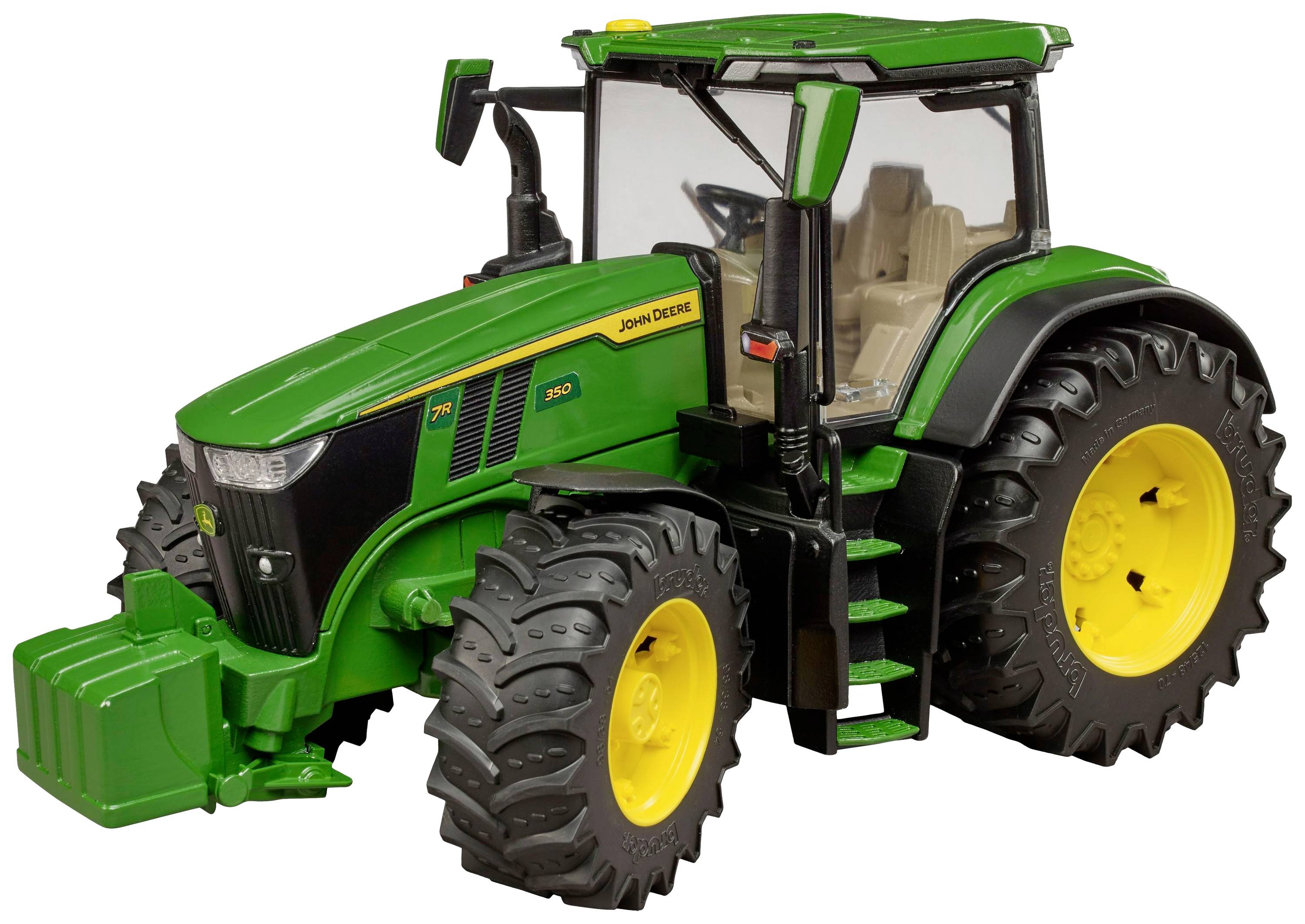 Green tractor with yellow wheels and black tyres, front-facing, on a white background. The main theme is agricultural machinery.