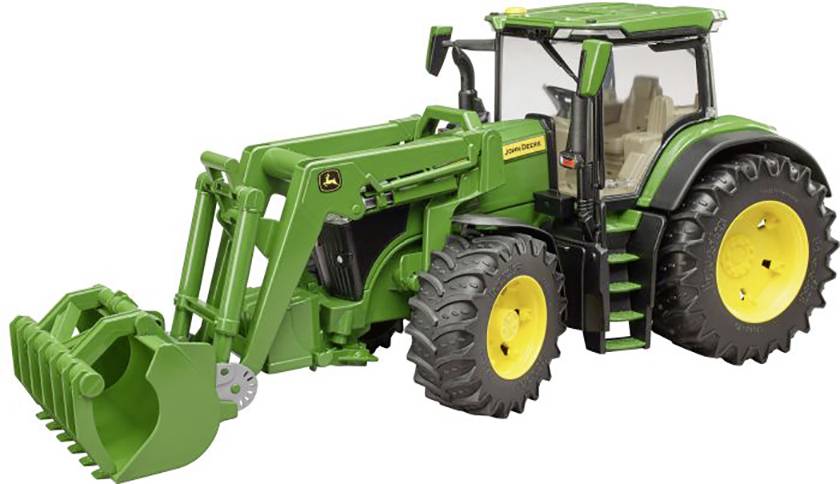 A green toy tractor with yellow wheels and a front loader attachment, shown at a slightly angled perspective.