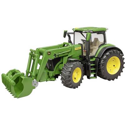A green toy tractor with yellow wheels and a front loader attachment, shown at a slightly angled perspective.