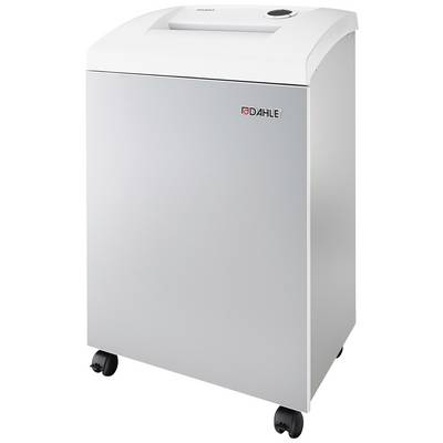 A white, mobile paper shredder on wheels, suitable for office applications, displays brand logo at the front.