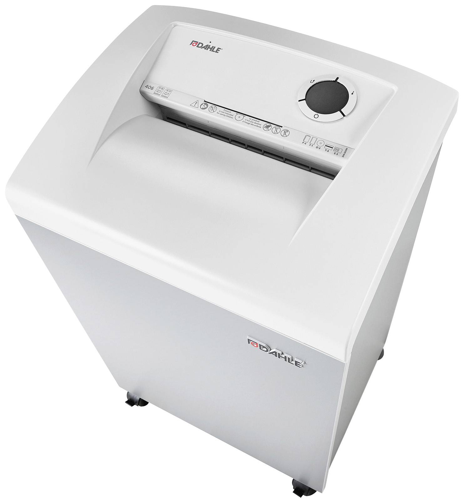 A white paper shredder with a control panel and collection bin, mounted on castors. Suitable for securely destroying paper documents.