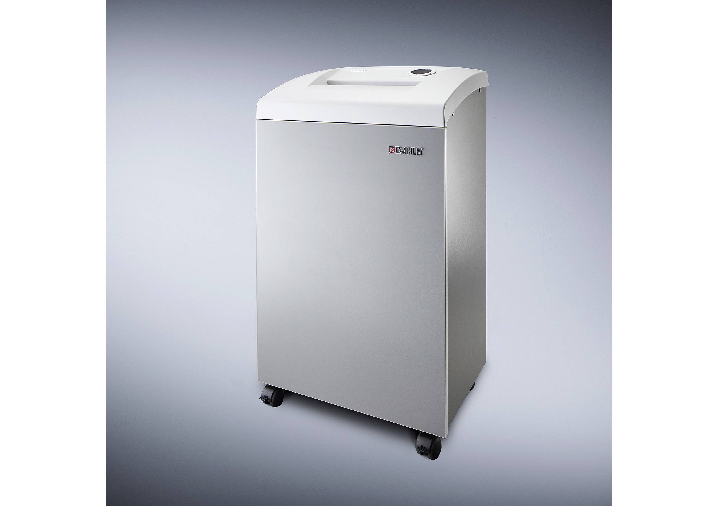 Office paper shredder in a grey housing on castors, suitable for the secure destruction of documents in a workplace environment.