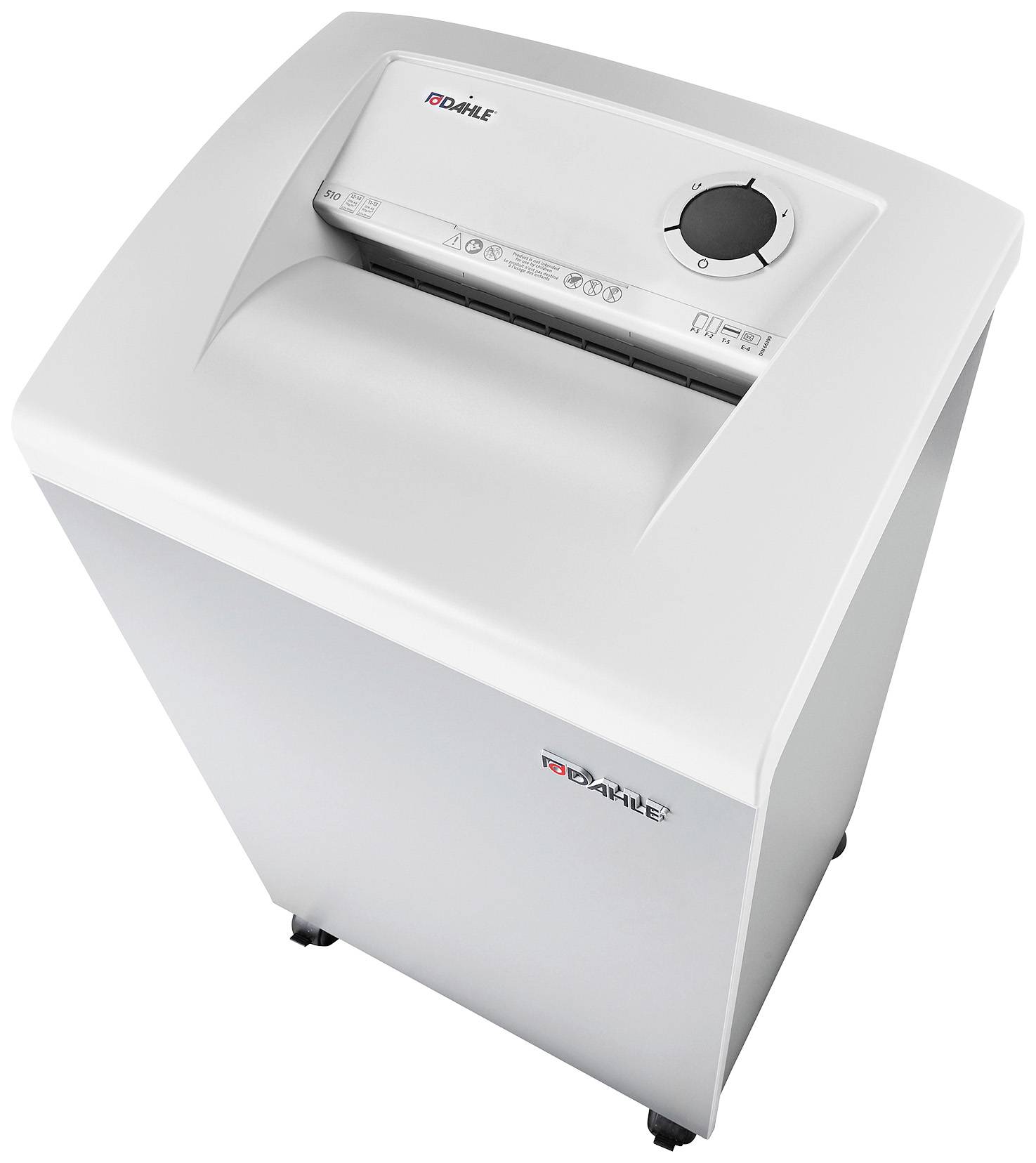 A white paper shredder with control buttons on the top surface. Suitable for use in the office to securely destroy documents.
