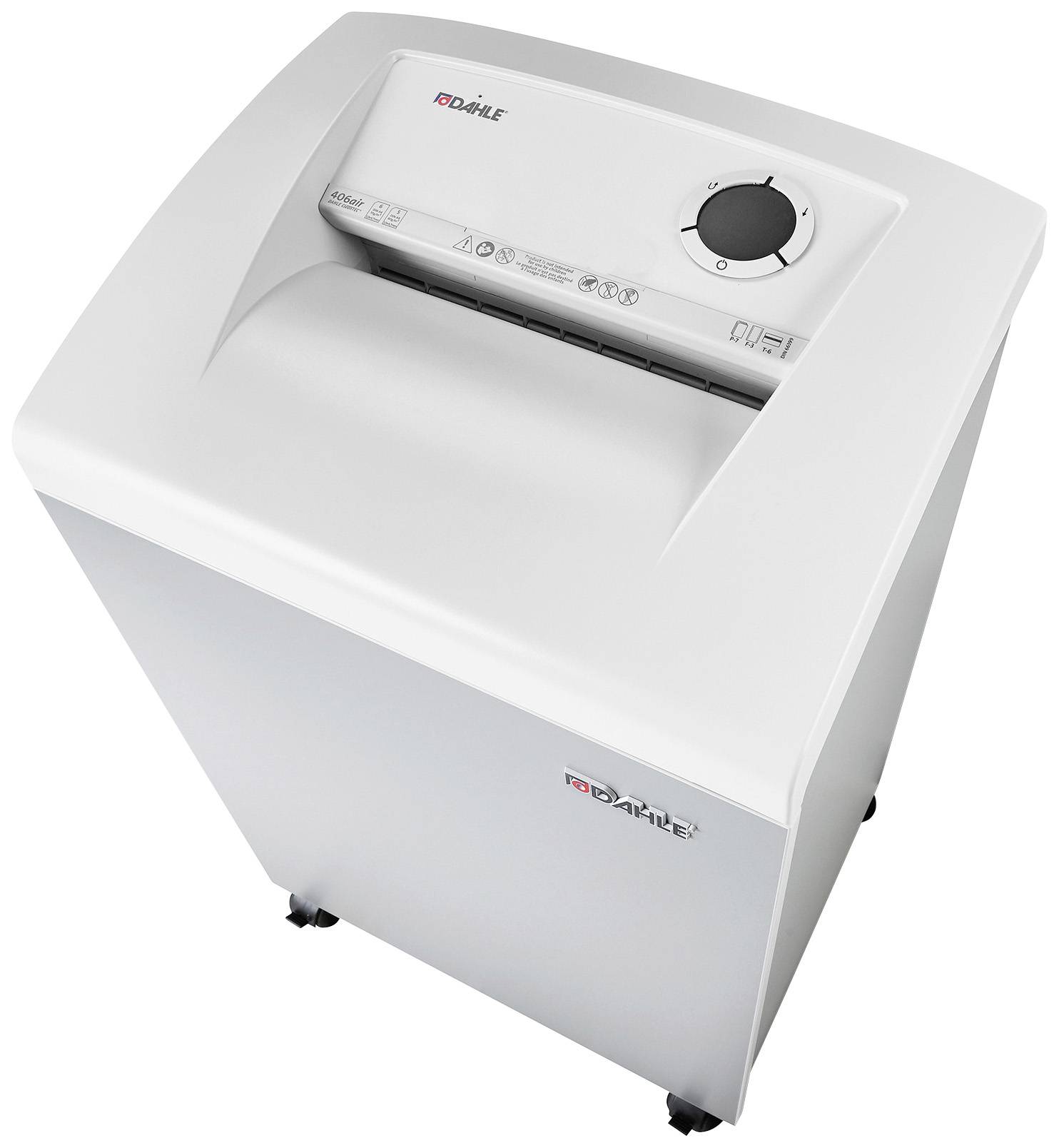 A white paper shredder on wheels with a control panel on top and a paper tray.