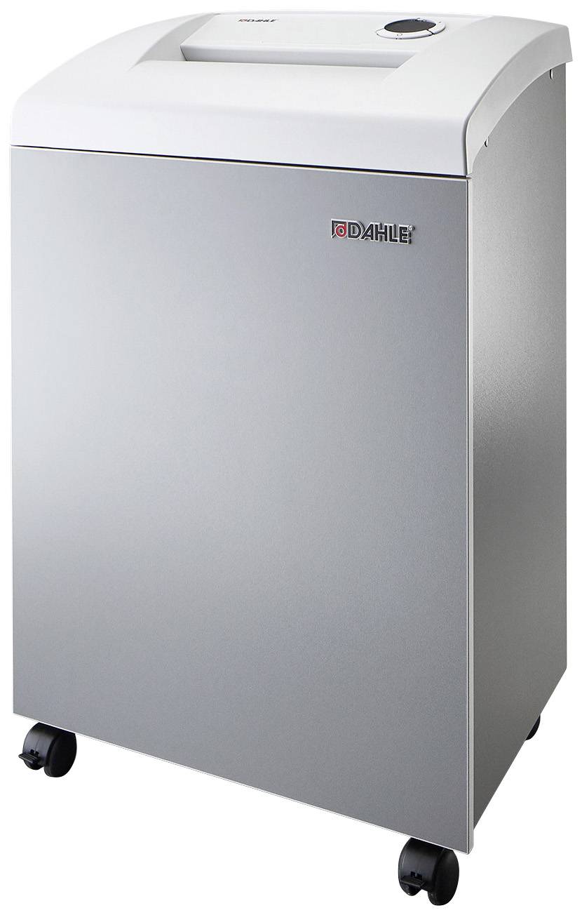 Office paper shredder with white casing and wheels, suitable for high security requirements, brand visible on the front side.