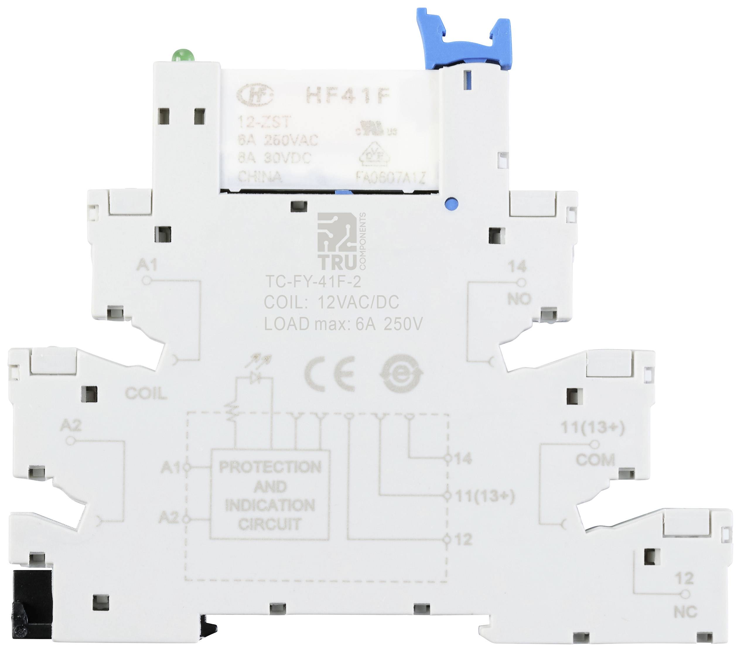 Relay module with integrated protection and display switching. Terminal markings for coil and load connections are clearly visible.