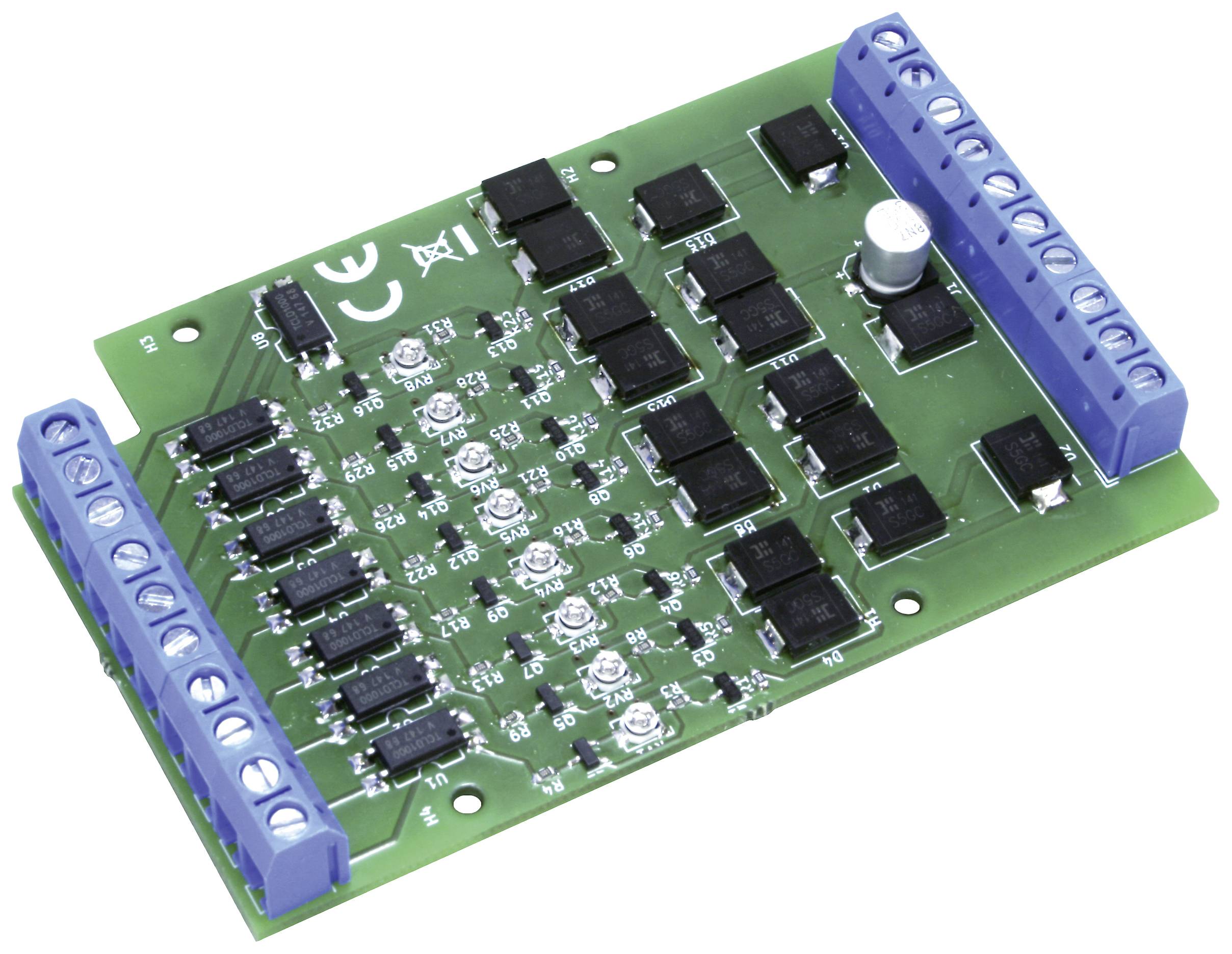 Green circuit board with several black chips and blue connectors on both sides. Suitable for electronic applications.