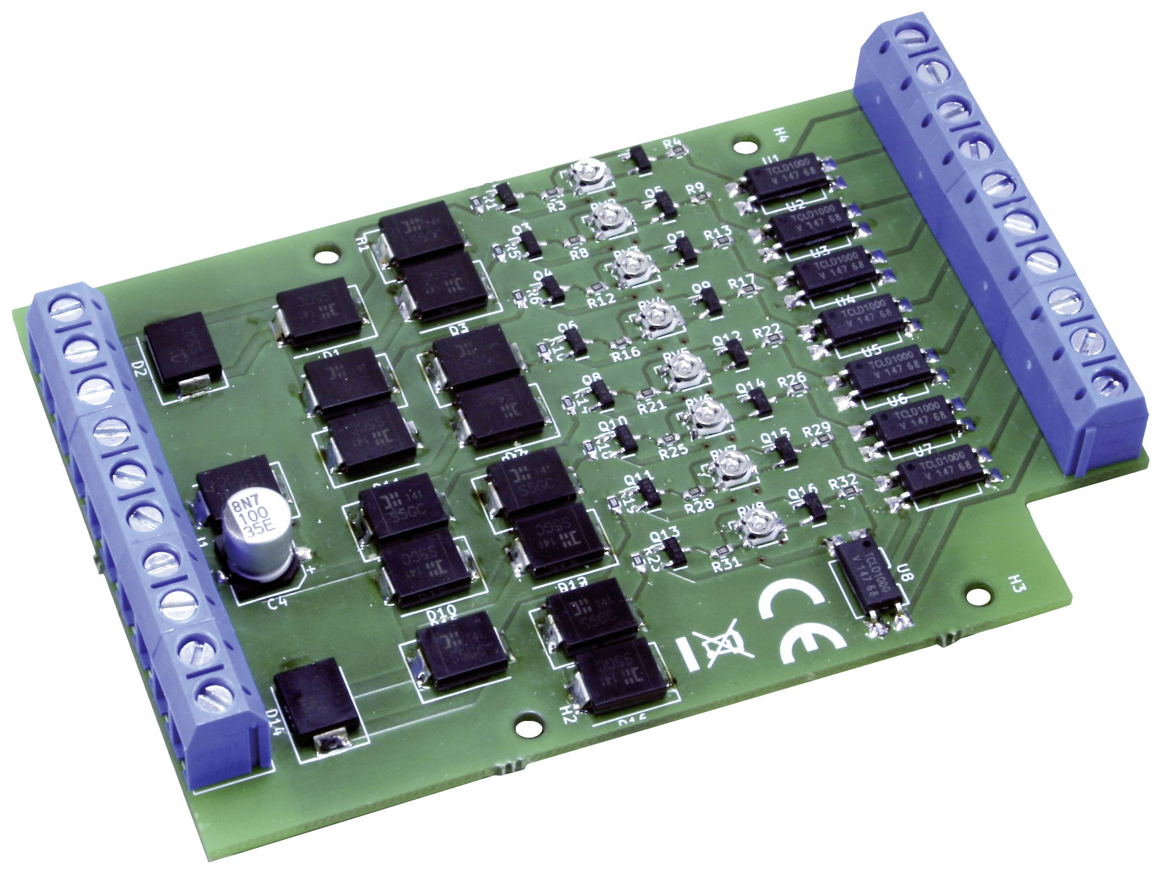 'Printed circuit board with electronic components, including capacitors and resistors, mounted on a green circuit board. Blue terminal blocks on the sides.'