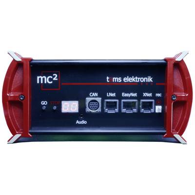 An electronic device by 'tams elektronik' with connections for CAN, LNet, EasyNet, XNet and Audio. Display shows '0.0'.