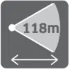 Road sign shows a funnel with the marking '118m', indicating a narrow section. Underneath is a double arrow.