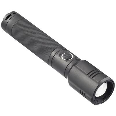 Black torch with textured grip and white light, suitable for outdoor use or emergencies.